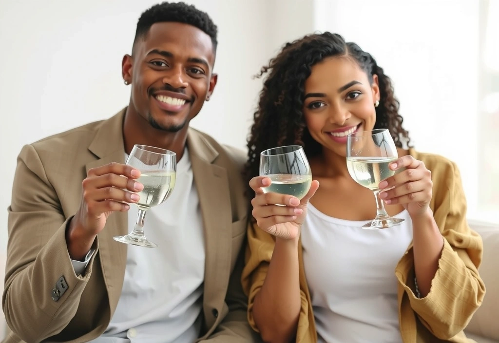 Zwei Personen stoßen mit Wassergläsern an, symbolisierend Gesundheit und Wohlbefinden.